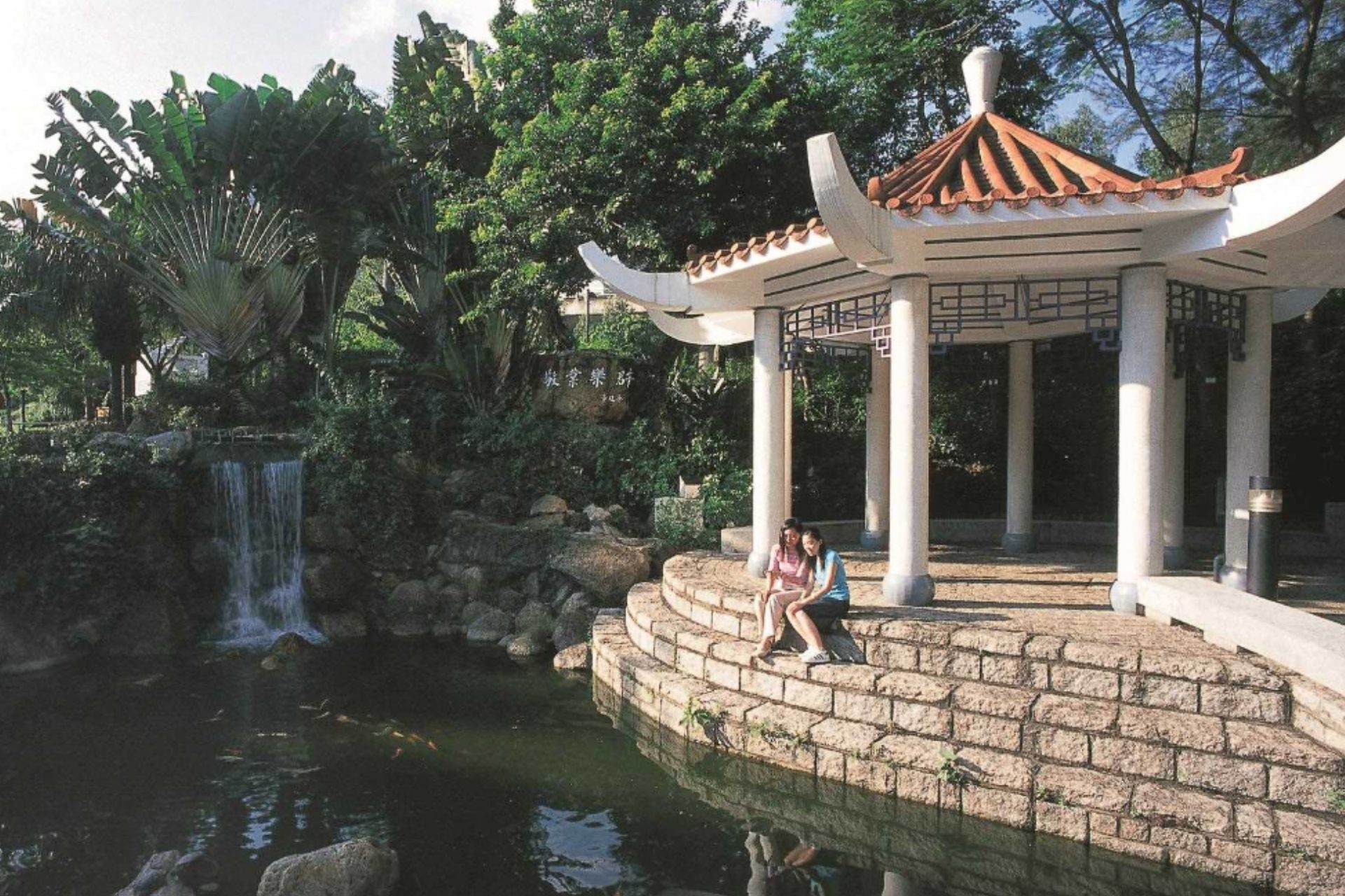 students sitting by a pond